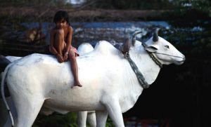 Girl on a Stone Ox at Angkor Ban